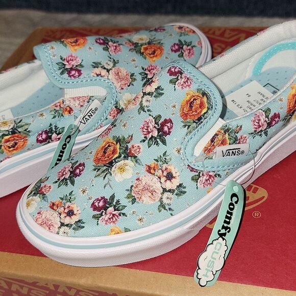 Rare ComfyCush Slip On Vans Sample Shoes Size 13 (Garden Floral) Aquatic / White - Picture 2 of 10